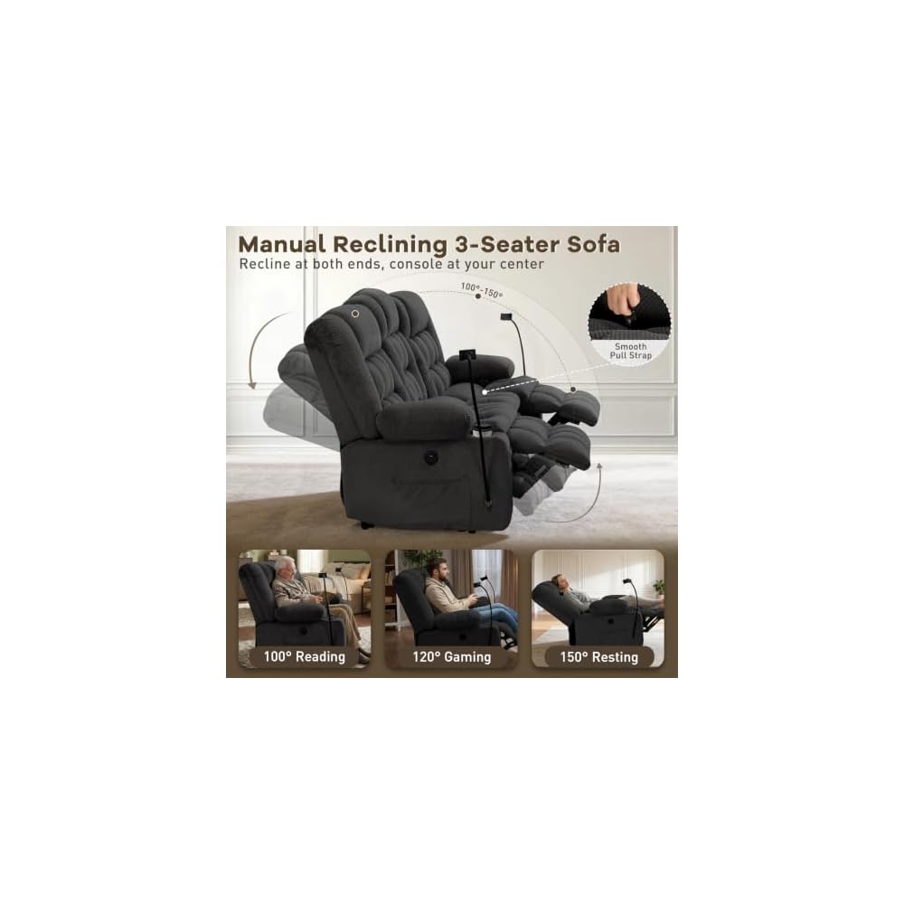 3 Seat Reclining Sofa, Manual Recliner Sofa Couch with Drop-Down Table, Phone Holders & Storage Drawer, Recliner Couch with Plush Double-Layer Cushion for Living Room, Bedroom & Office (Grey)