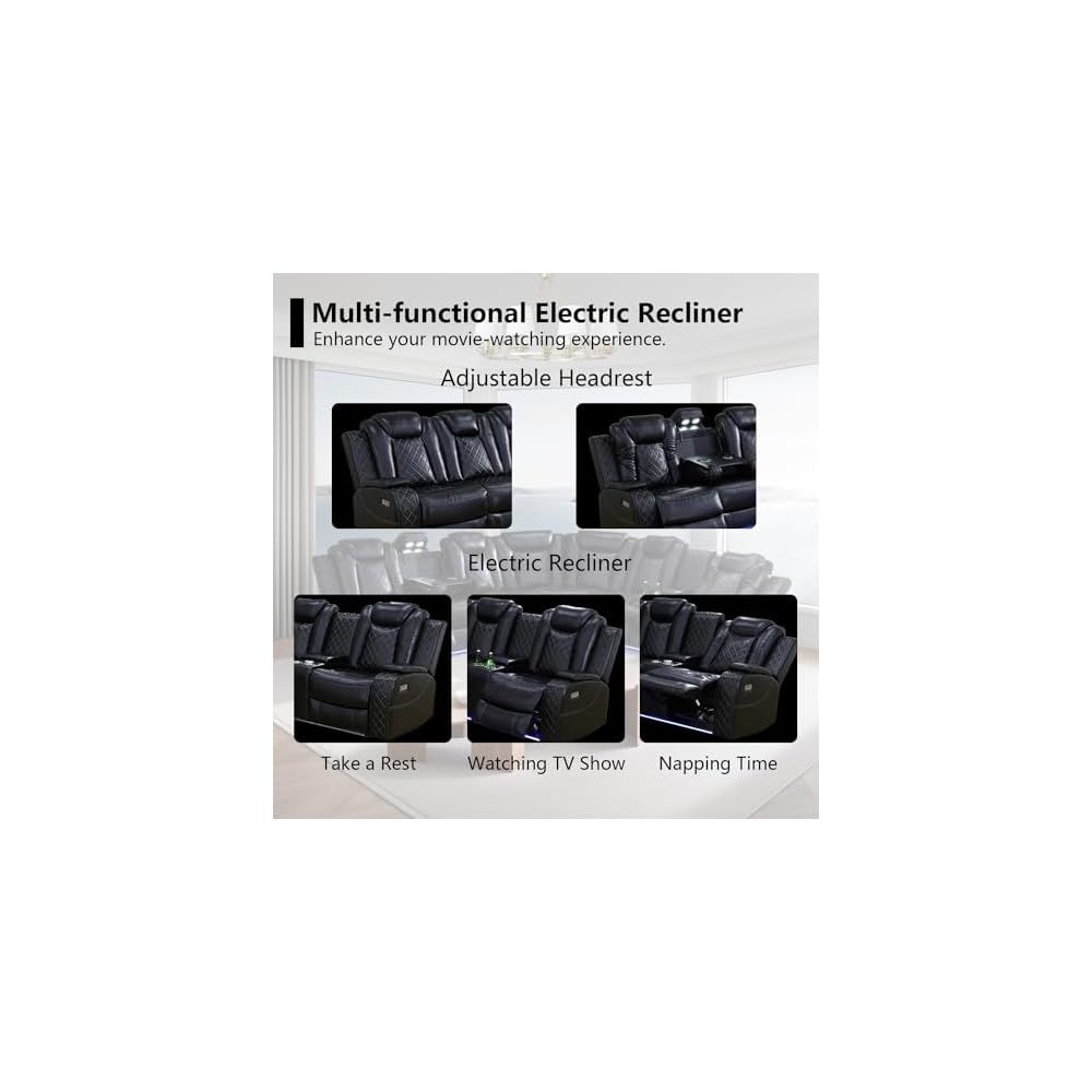 Black Leather Power Reclining Sectional Sofa,Sectional Couch with Recliner,L Shaped Recliner Sofa with LED Light/Read Lamp/Storage Console/USB Port for Living Room/Home Theater/Apartment
