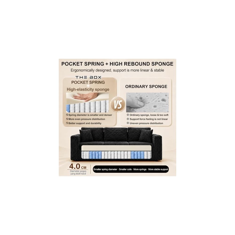 67'' L-Shaped Cloud Modular Sectional Sofa, Modern Corduroy Memory Foam Couch with Cup Holders, Upholstered Boneless Deep Seat Fluffy Loveseat with Ottoman, No Assembly Needed, for Home, Black
