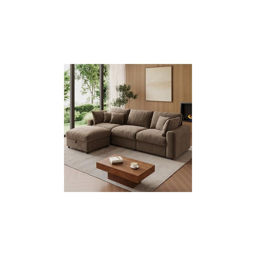 110” Cloud Sectional Couches for Living Room, Modular Sectional Sofa with Deep Seat, Convertible L-Shape Couch with Storage Ottoman for Bedroom Apartment, Chenille (Brown)
