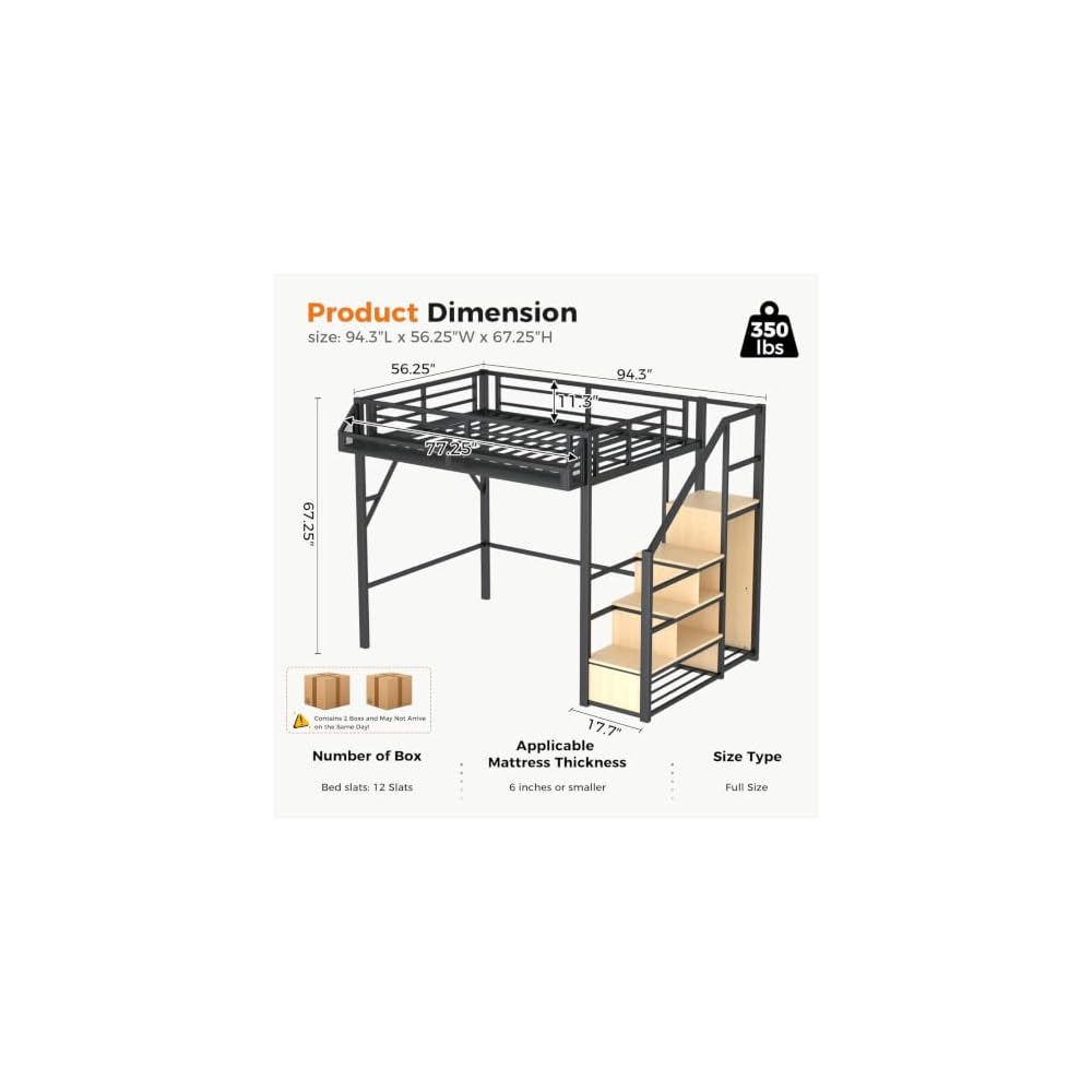 Full Size Loft Bed with Storage Stairs, Four-Sided Guardrail and Storage Shelves, Metal Loft Bed with Wardrobe for Kids, Teens and Adults, Modern Full Loftbed for Bedroom, Natural