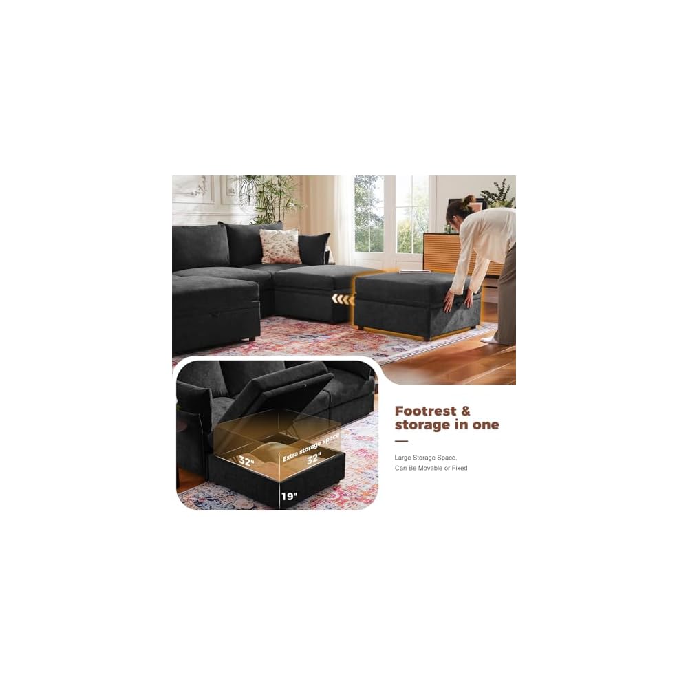 102.6" L Shaped Modular Sectional Couch with Washable Chenille Cover, 4 Seater Deep Seat Sofa with Storage Ottoman & Reversible Chaise for Living Room, Pet-Friendly, Black