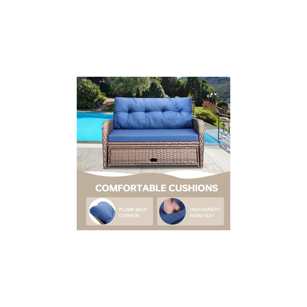 Patio Rattan Daybed, Wicker Recliner Loveseat for Two with Multifunctional Recliner and Stowable Side Tray, 5 Level Adjustable Backrest (Brown Wicker/Blue Cushion)
