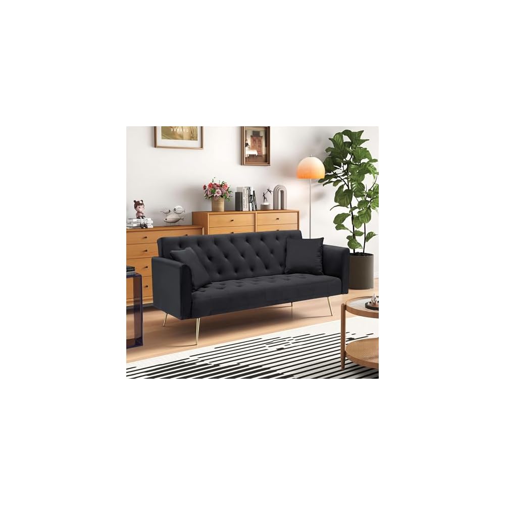 72''Modern Velvet Sofa Bed Futon,Convertible Folding Sleeper Couches with 3 Adjustable Backrests,Tufted Recliner Loveseat with Golden Chrome Legs for Living Room Apartment Office (Black)