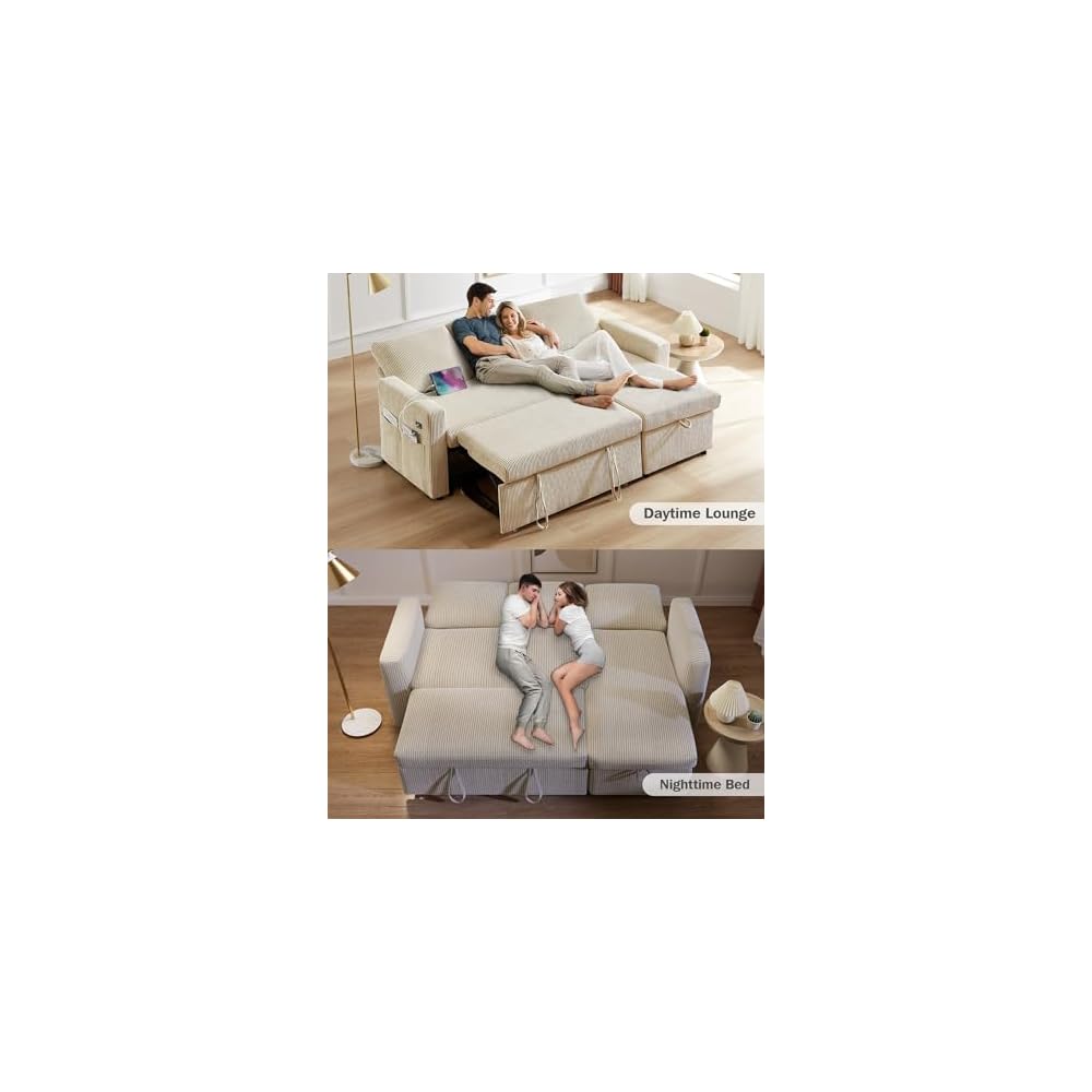 82" L Shaped Sectional Sleeper Sofa Bed with Pull Out Bed, Pull Out Couch Bed with Reclining Backrest, Reversible Storage Chaise, USB Ports, Tool-Free Assembly, Corduroy Beige