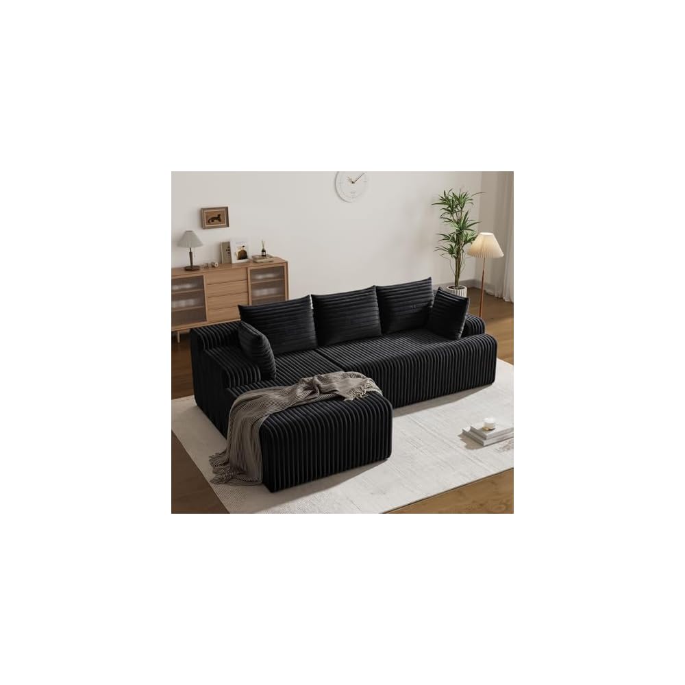 97" Plush Faux Rabbit Fur Cloud Couch with Chaise Black