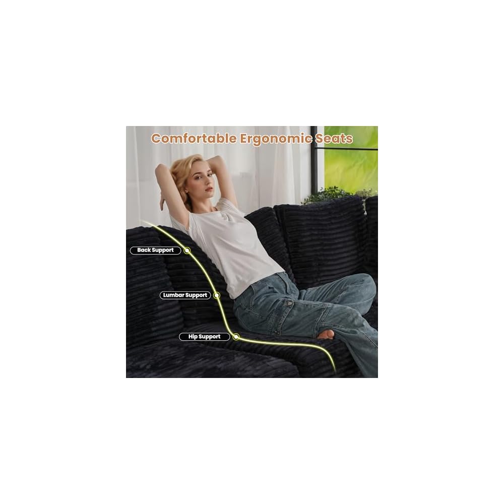 Sectional Cloud Couch Sofa with Swivel Chair, Comfy Deep Seat Modular Convertible Couches, Modern Plush Corduroy Sofas Set for Living Room, 4-Seater, Black
