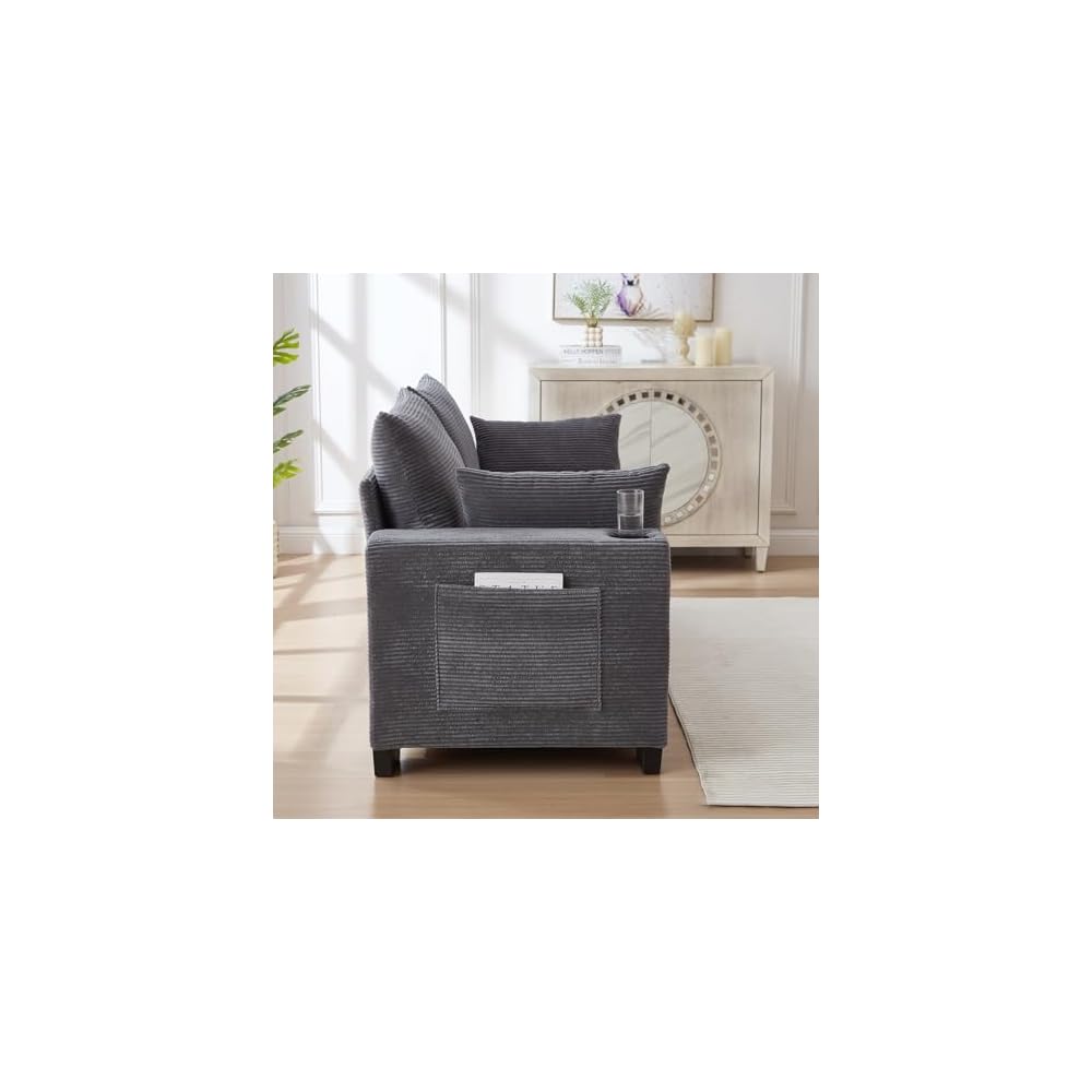 78" Corduroy Sofa Couch, 3 Seater Modern Upholstered Couch with USB and Cup Holders, Deep Seat Comfy Oversized Loveseat Sofa with Storage Pockets for Living Room, Apartment, Home Office, Grey