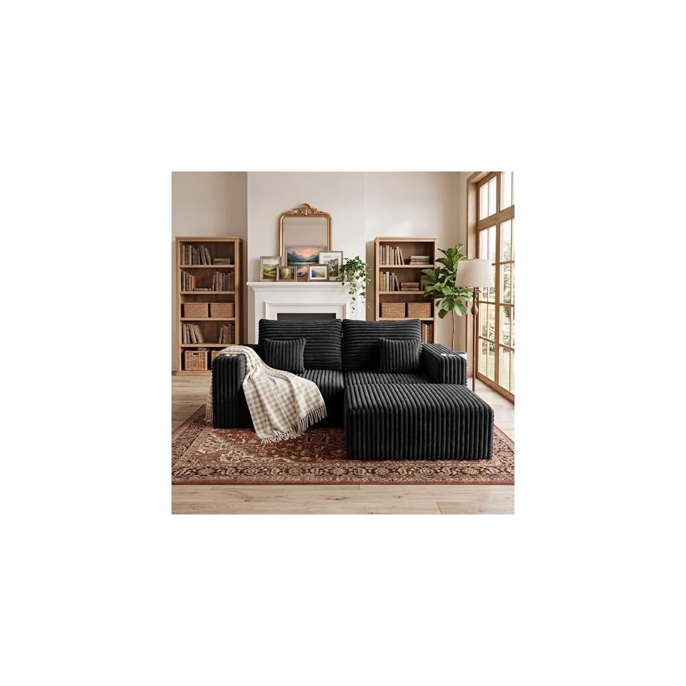 67'' L-Shaped Cloud Modular Sectional Sofa, Modern Corduroy Memory Foam Couch with Cup Holders, Upholstered Boneless Deep Seat Fluffy Loveseat with Ottoman, No Assembly Needed, for Home, Black