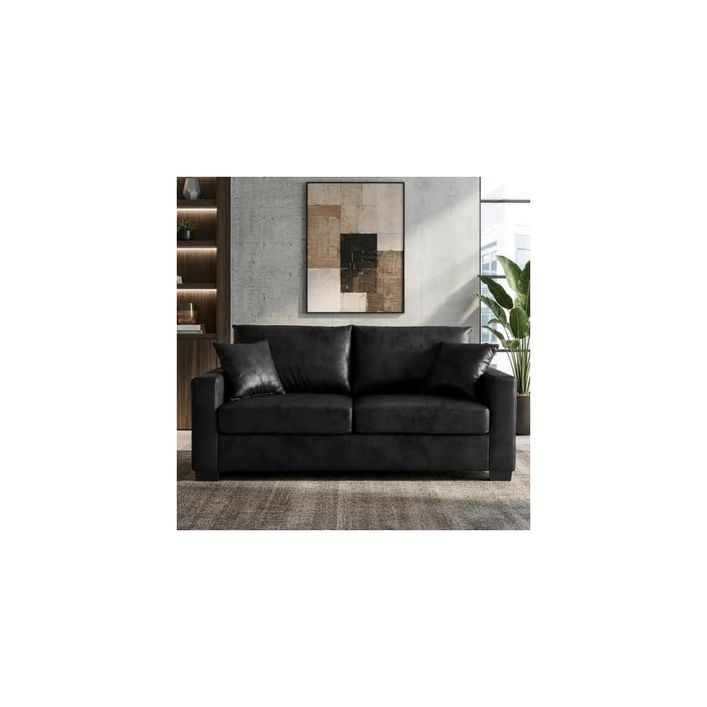 69" Modern Foil Fabric Loveseat Sofa, Compact Small Couch（Black）