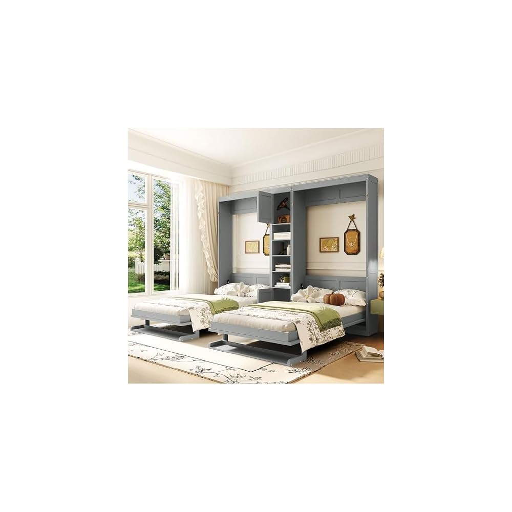 Dual Twin Murphy Beds with Storage Shelves and Cabinets, Pine Wood Space-Saving Hideaway Double Murphy Wall Beds with Storage,Support Legs and Slats