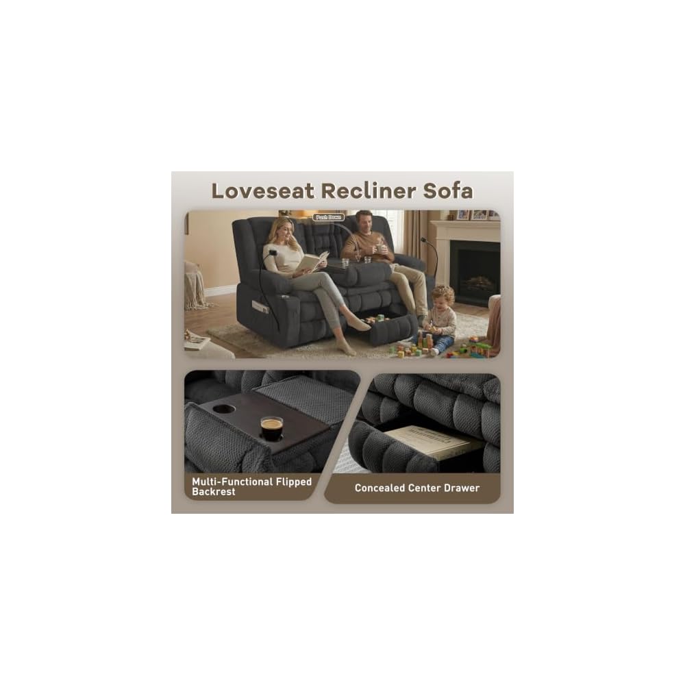 3 Seat Reclining Sofa, Manual Recliner Sofa Couch with Drop-Down Table, Phone Holders & Storage Drawer, Recliner Couch with Plush Double-Layer Cushion for Living Room, Bedroom & Office (Grey)