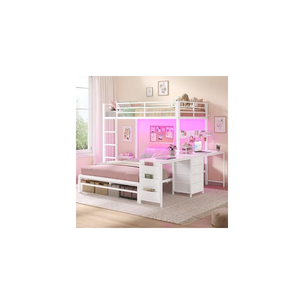 Bunk Bed Twin Over Full with Drawers, 2 Person Desk, White