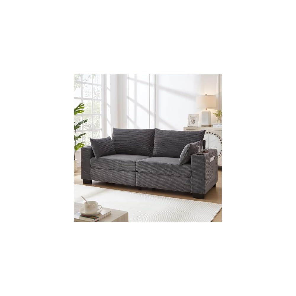 78" Corduroy Sofa Couch, 3 Seater Modern Upholstered Couch with USB and Cup Holders, Deep Seat Comfy Oversized Loveseat Sofa with Storage Pockets for Living Room, Apartment, Home Office, Grey