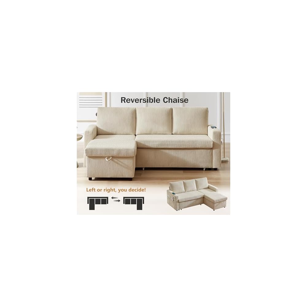 82" L Shaped Sectional Sleeper Sofa Bed with Pull Out Bed, Pull Out Couch Bed with Reclining Backrest, Reversible Storage Chaise, USB Ports, Tool-Free Assembly, Corduroy Beige