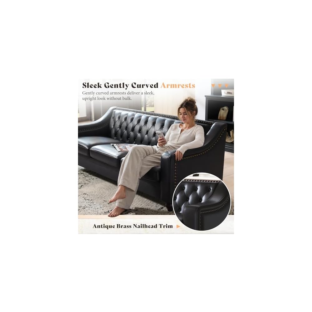 80" Leather Couch, Modern Genuine Leather Sofa, Chesterfield Sofa
