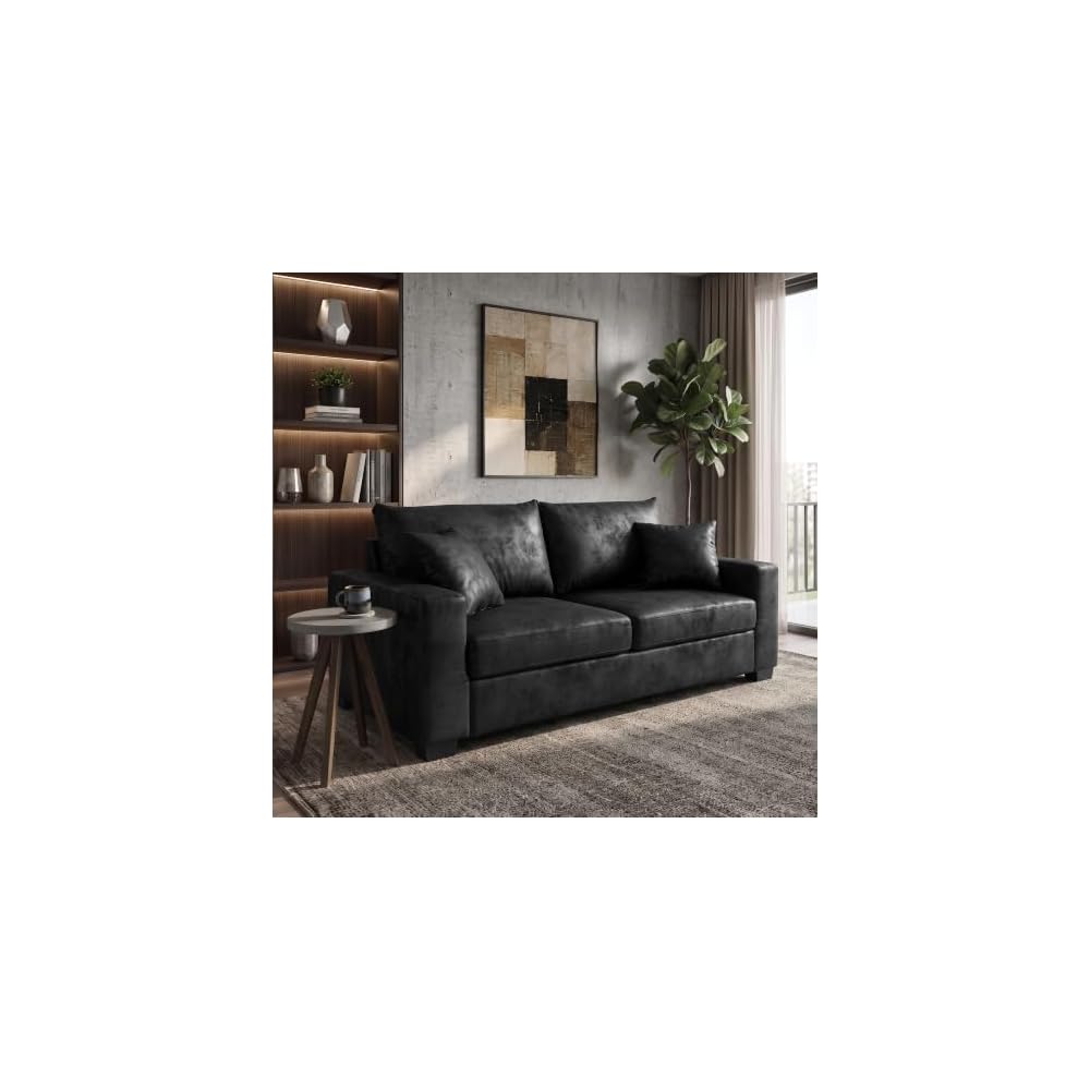 69" Modern Foil Fabric Loveseat Sofa, Compact Small Couch（Black）