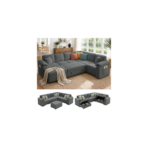 108" Modular Sectional Sleeper Sofa with Pull Out Bed, Dark Grey