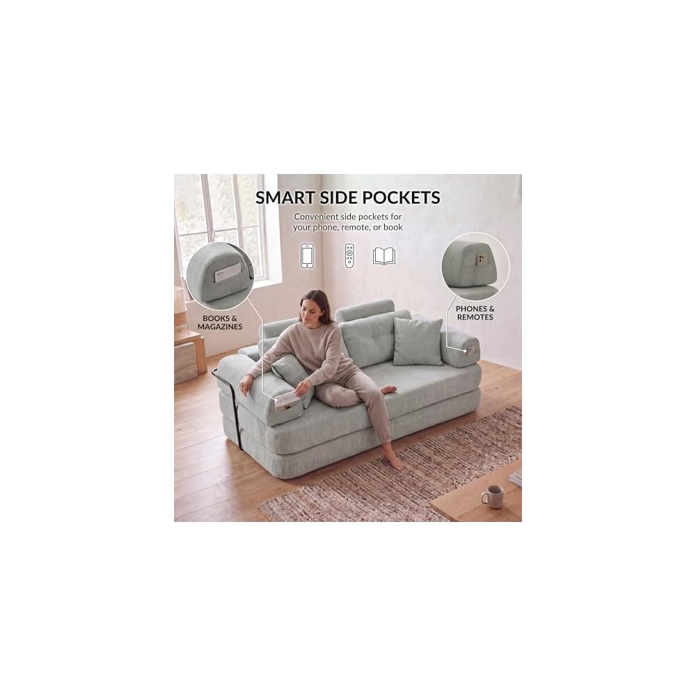 Convertible Floor Sofa Bed with High Headrest, Boneless Loveseat Sleeper Couch with 2-in-1 Blanket Pillows, Memory Foam Futon Sofa for Apartments (Grey)