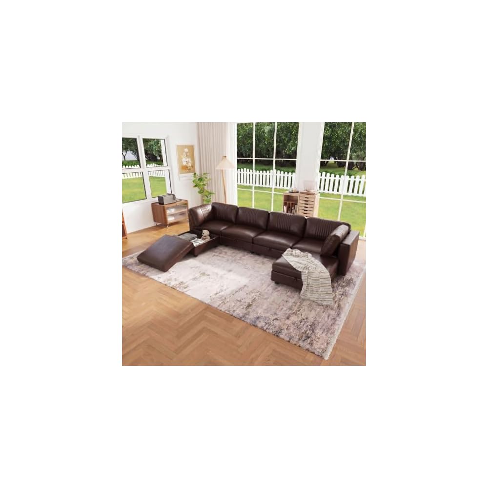 128" Faux Leather Modular Sectional Sofa with Storage, 6 Seater Waterproof & Scratch Resistant Leather Sectional Sofa, U Shaped Couch with Storage, Oversized Brown Sectional Couches for Living Room