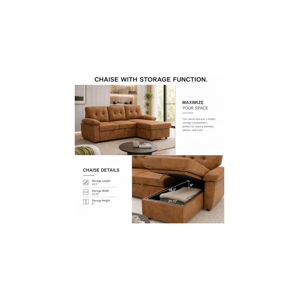 88.5 Inch L-Shaped Sectional Sofa Bed with Storage Chaise and Padded Armrests, Convertible Pull-Out Sleeper Sofa Couch for Living Room, Brown