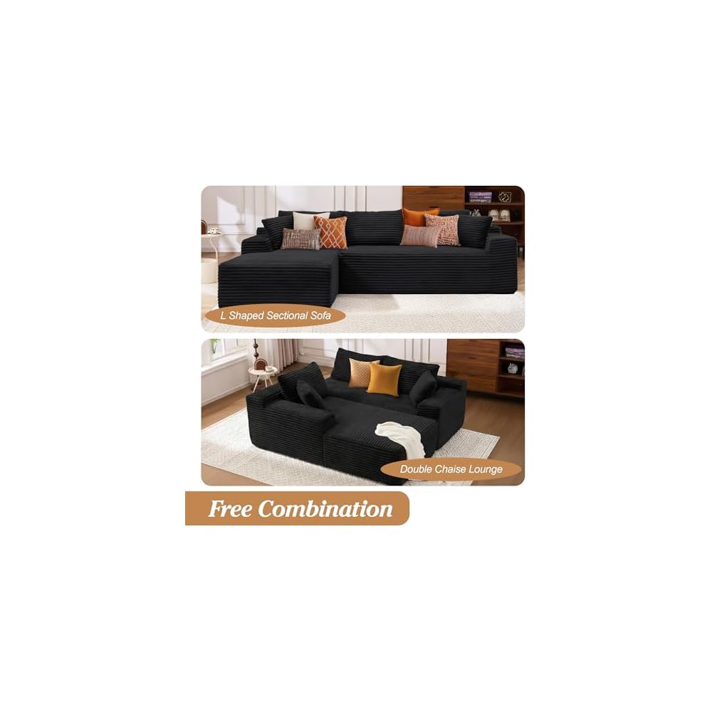 Cloud Modular Sectional Sofa, 105" Boneless Memory Foam L-Shaped Couch with Chaise, Corduroy Deep Seat Sectional for Living Room & Apartment, No Assembly Required (Black)