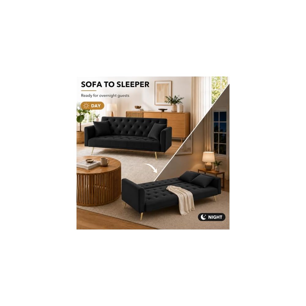 72''Modern Velvet Sofa Bed Futon,Convertible Folding Sleeper Couches with 3 Adjustable Backrests,Tufted Recliner Loveseat with Golden Chrome Legs for Living Room Apartment Office (Black)
