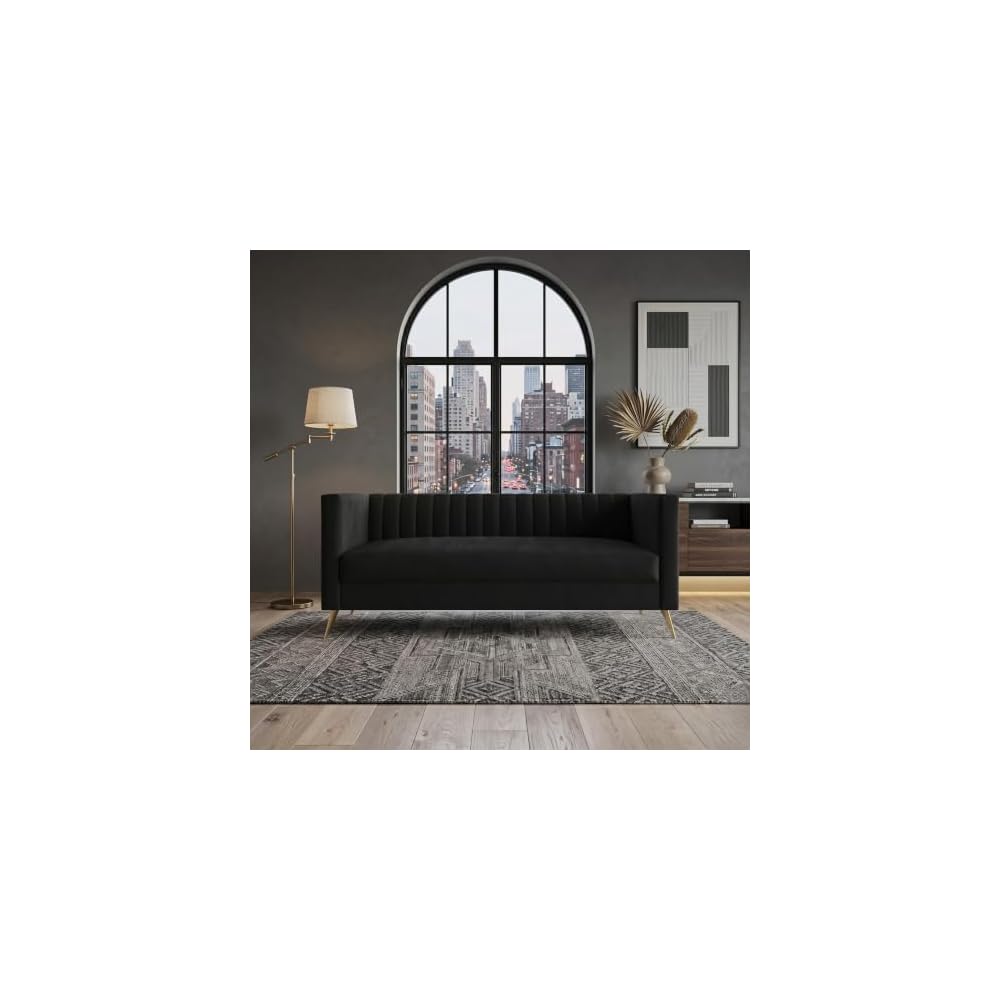 Weiss Velvet Channel Tufted Sofa, Black