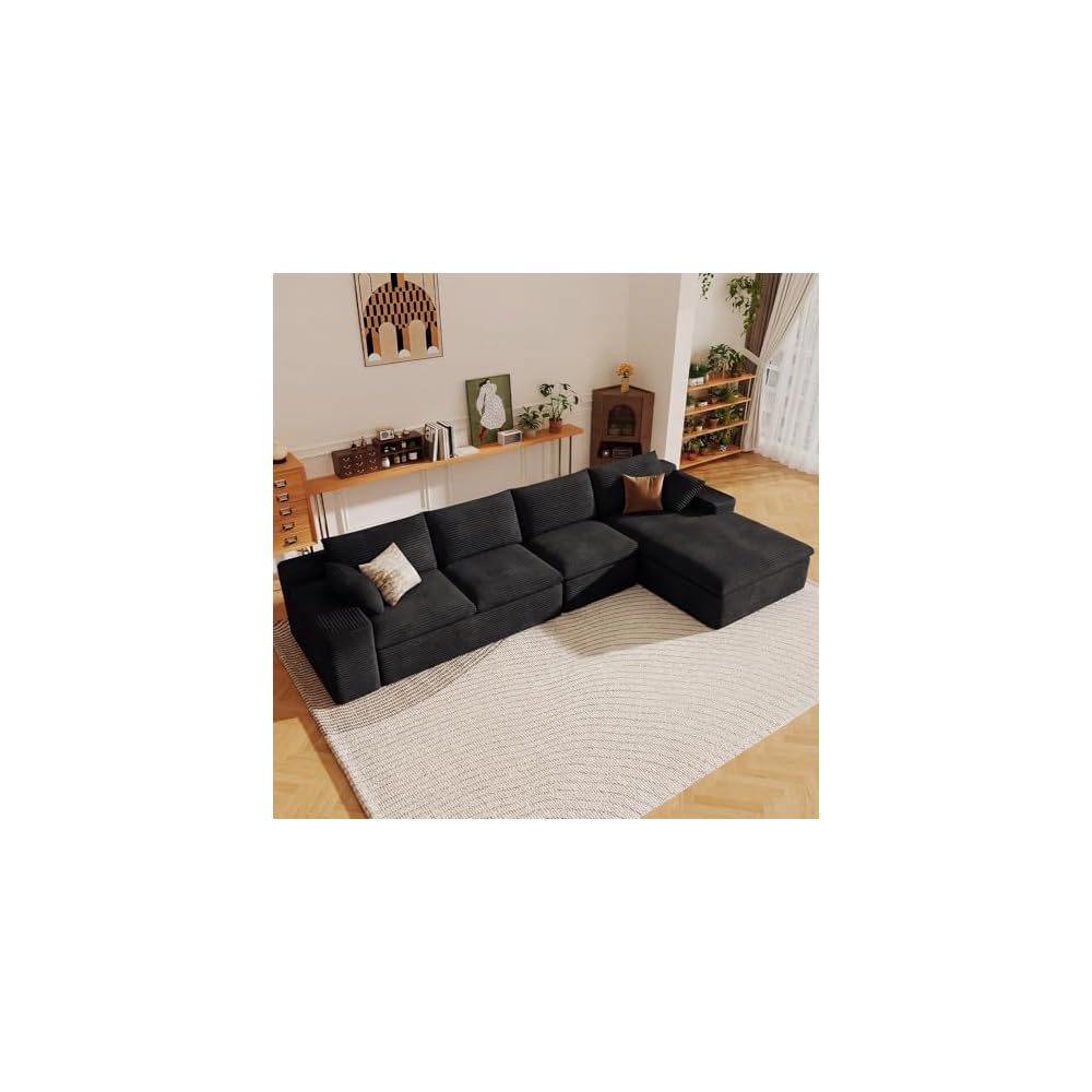 136" Cloud Sectional Couch with L-Shape Chaise, Modern Corduroy Viral Boneless Sofa for Living Room,Memory Foam Couches in a Box with Deep Seat,No Assembly Required (Black,Right-Facing Chaise)