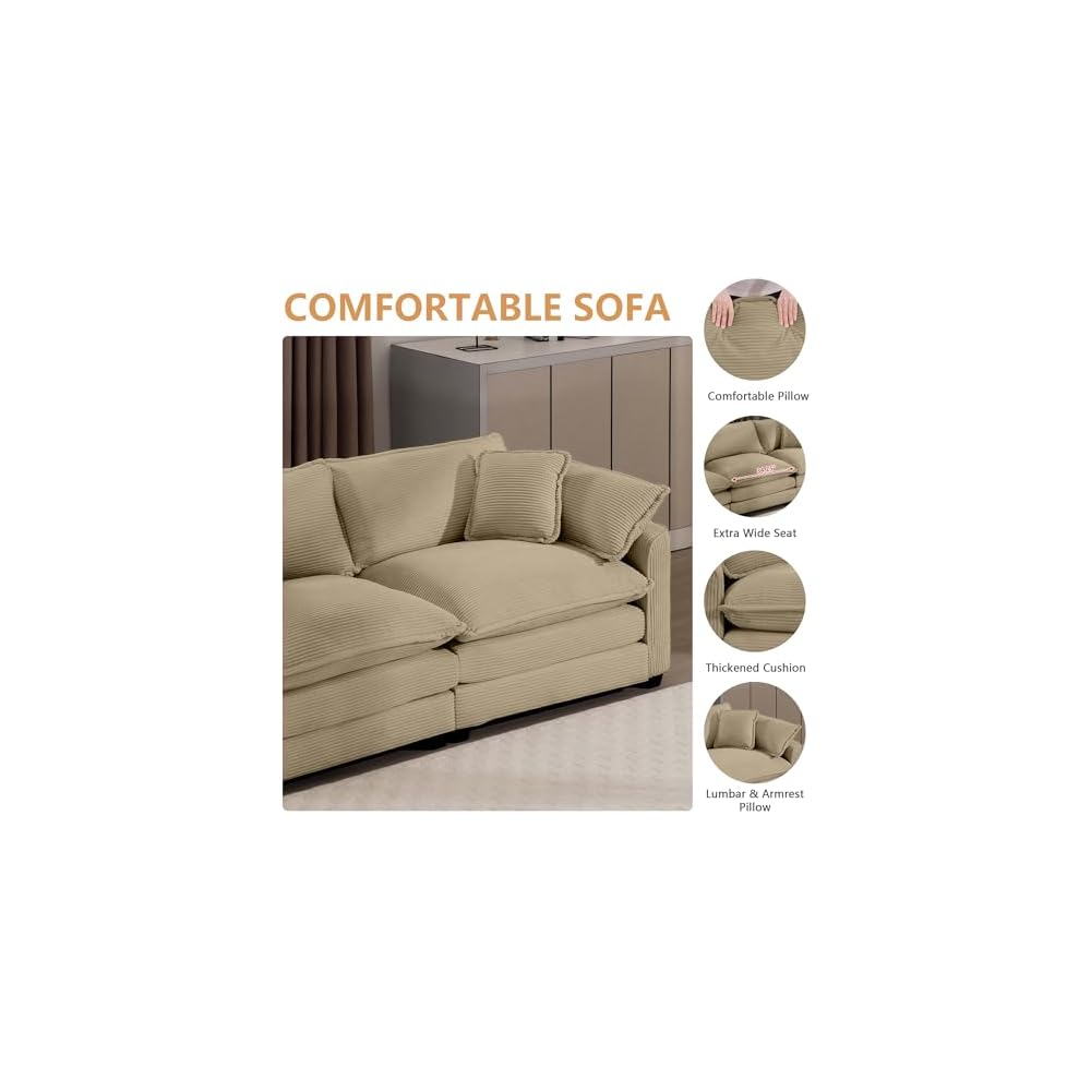 Luxury Modular Sectional Sofa, 80 Inch Modern Corduroy Comfy Cloud Couches for Living Room Office, Loveseat Deep Sofa with 2 Armrest Pillows and 2 Toss Pillows, Camel