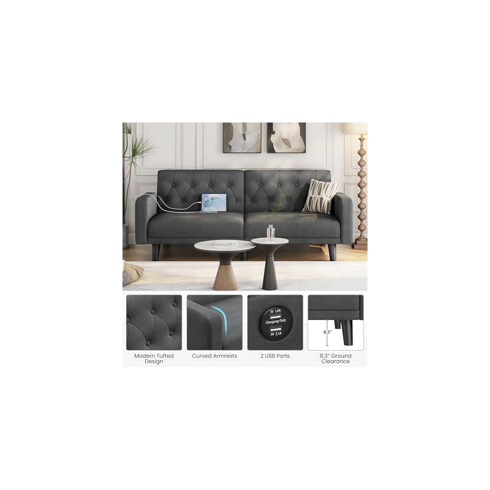 63" Small Futon Sofa Bed, Convertible Couch with USB, Dark Gray