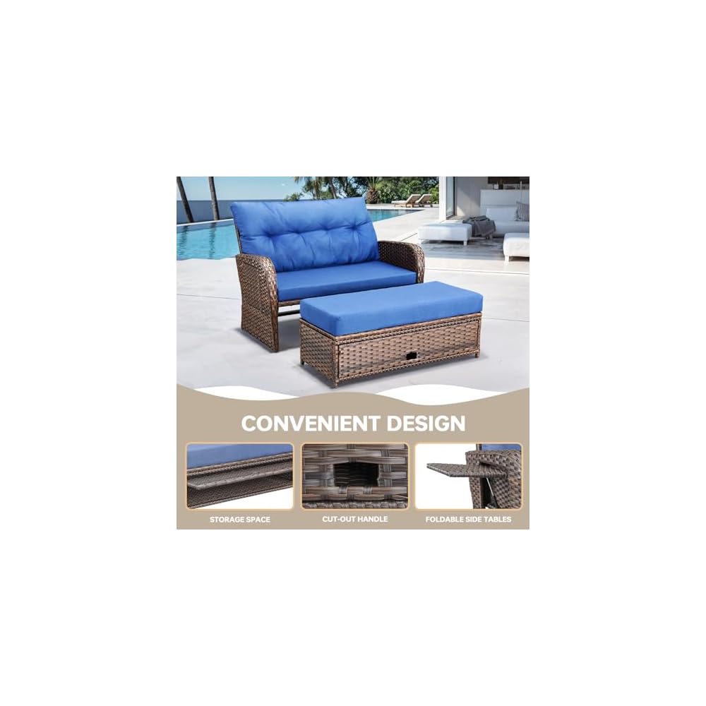 Patio Rattan Daybed, Wicker Recliner Loveseat for Two with Multifunctional Recliner and Stowable Side Tray, 5 Level Adjustable Backrest (Brown Wicker/Blue Cushion)