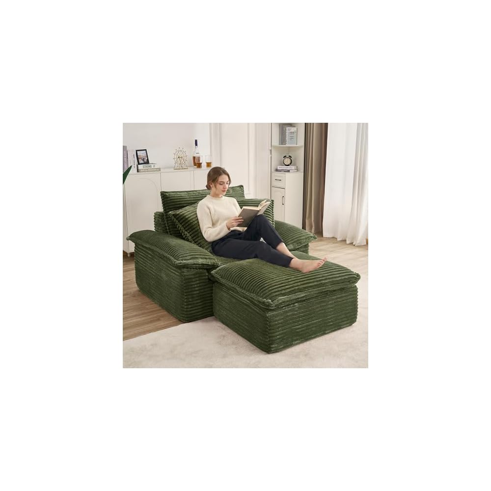 63" Oversized Lounge Sofa Chair with Ottoman, Deep Seat Cloud Couch Bed, Modular 1-Seater Sectional Sleeper Sofa, No Assembly Corduroy Couch for Reading Nook & Cozy Corner