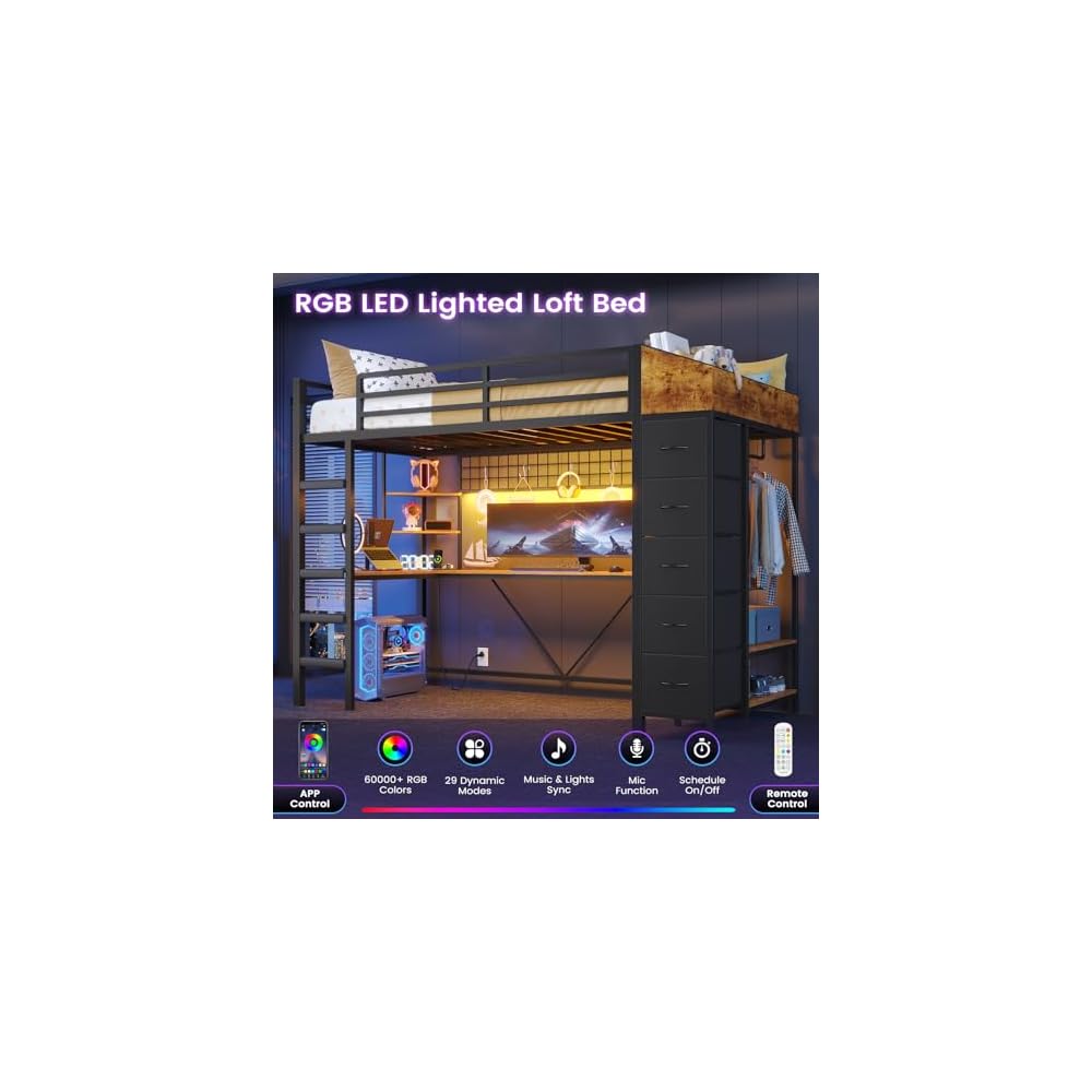 Loft Bed Twin Size with Hall Tree, Charging Station and LED Lights, Metal Loft Bed with L-Shaped Desk, 5 Storage Drawers, Heavy Duty Twin Size Bed with Stairs, No Box Spring Needed, Black