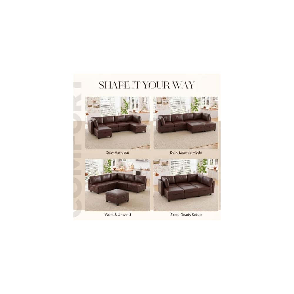 128" Faux Leather Modular Sectional Sofa with Storage, 6 Seater Waterproof & Scratch Resistant Leather Sectional Sofa, U Shaped Couch with Storage, Oversized Brown Sectional Couches for Living Room