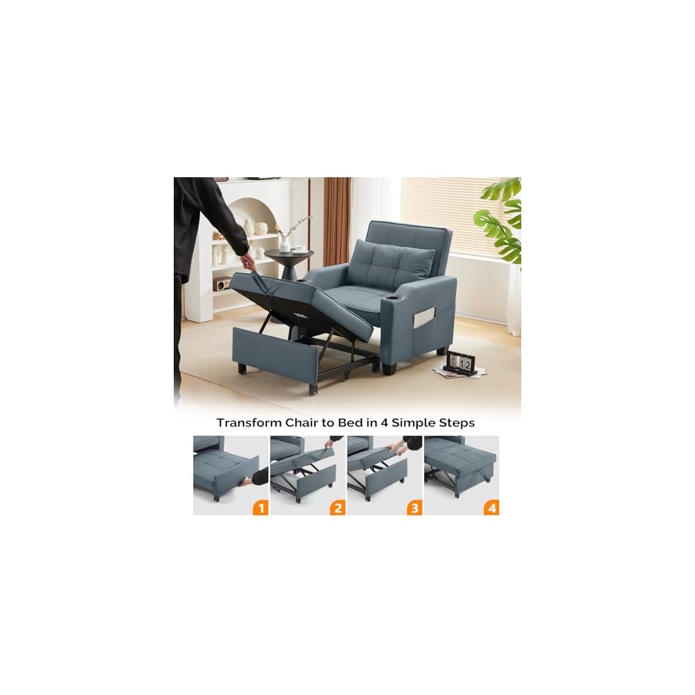 3-in-1 Convertible Sofa Bed, Recliner with Adjustable Backrest, USB Ports, Cup Holders for Small Spaces, Living Room