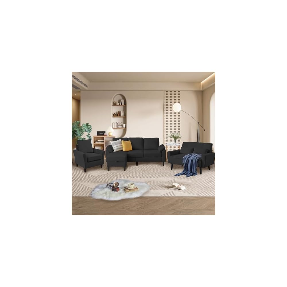 4 Piece Modern Corduroy Sofa Set, L-Shaped Sectional Couch with Storage Ottoman, Loveseat & Single Arm Chair, Side Storage Pockets, Removable Cushions for Living Room Apartment