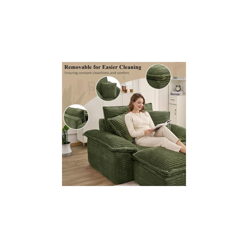 63" Oversized Lounge Sofa Chair with Ottoman, Deep Seat Cloud Couch Bed, Modular 1-Seater Sectional Sleeper Sofa, No Assembly Corduroy Couch for Reading Nook & Cozy Corner
