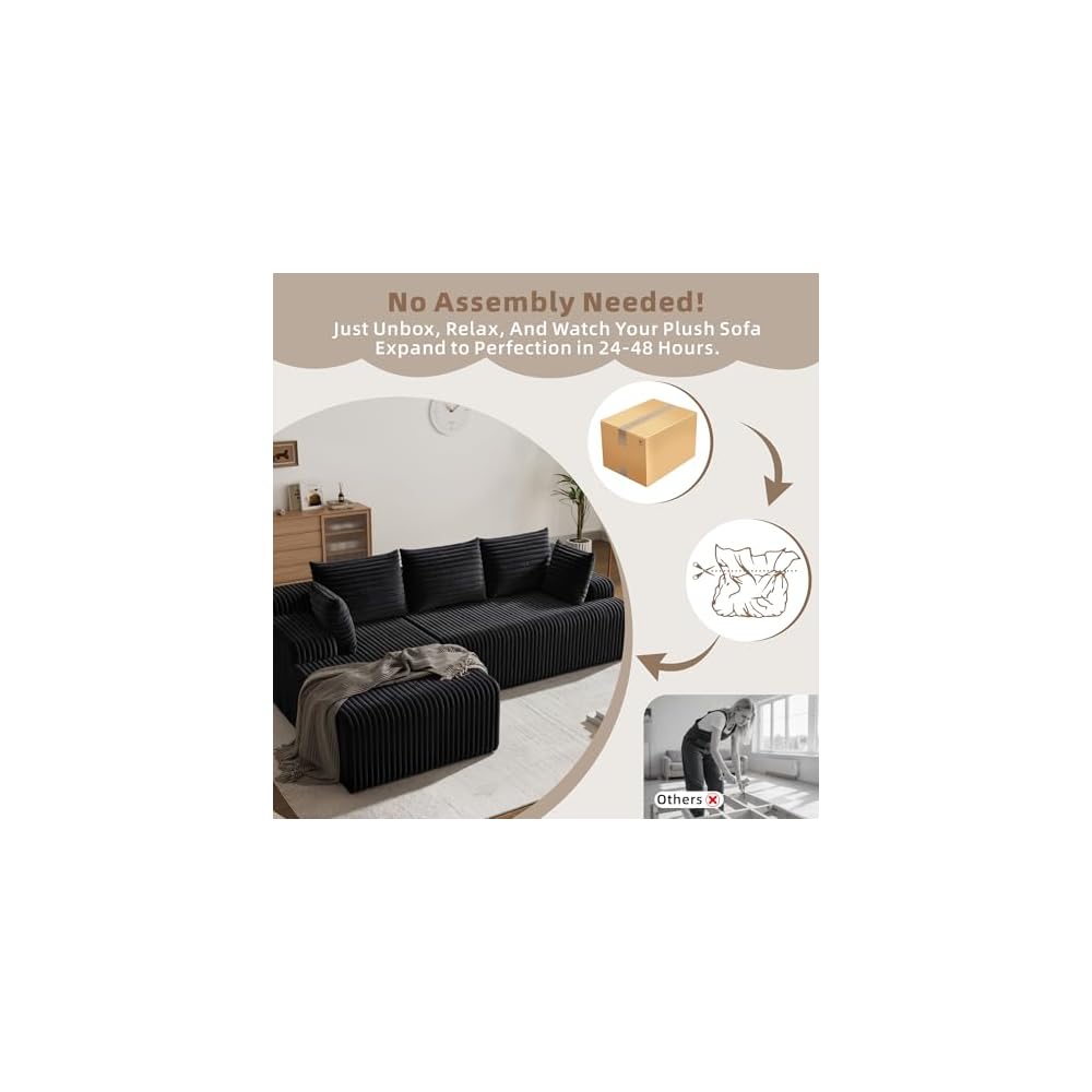 97" Plush Faux Rabbit Fur Cloud Couch with Chaise Black