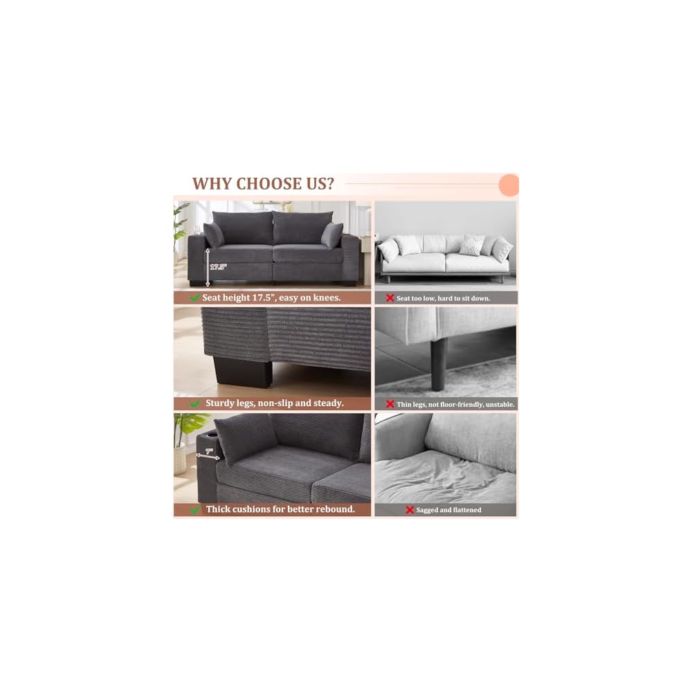 78" Corduroy Sofa Couch, 3 Seater Modern Upholstered Couch with USB and Cup Holders, Deep Seat Comfy Oversized Loveseat Sofa with Storage Pockets for Living Room, Apartment, Home Office, Grey