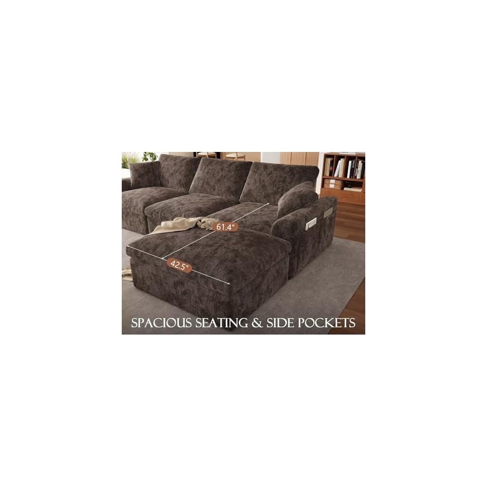 119" Cloud Couch Sectional for Living Room, Oversized Boneless Couches with Ottoman, Convertible L-Shaped 3 Seater Modular Sofa, Modern Sectional Sofa with Adjustable Backrest, Brown