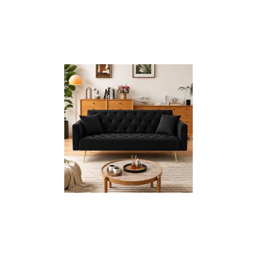 72''Modern Velvet Sofa Bed Futon,Convertible Folding Sleeper Couches with 3 Adjustable Backrests,Tufted Recliner Loveseat with Golden Chrome Legs for Living Room Apartment Office (Black)