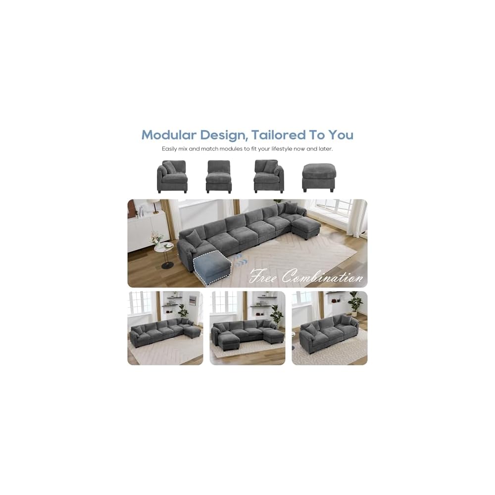 115'' Oversized Sectional Modular Sofa with Ottoman, U-Shaped Modern Sectional Couches for Living Room with 2 Throw Pillows and Deep Seat, Center Stitched Design (Grey, Loveseat)