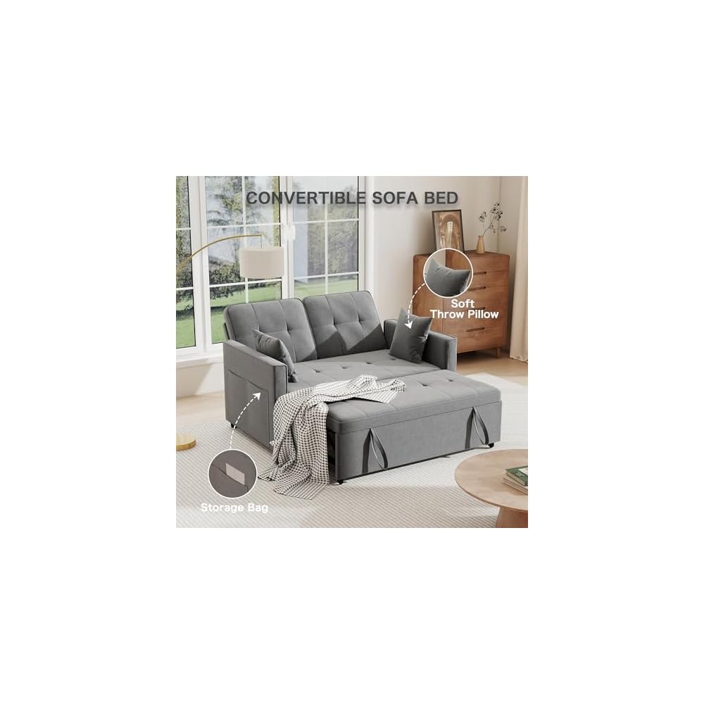 Pull Out Sofa Bed: 56" Gray 3 in 1 Convertible Sleeper Sofa Bed