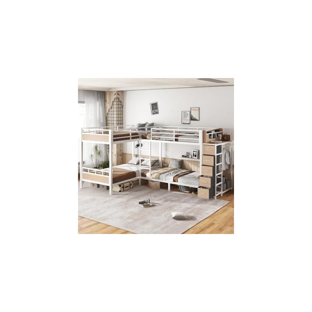 Metal Quad Bunk Bed with Drawers & Wardrobe for 4, L-Shaped Twin Size Quad Bunk Bed Frame,Heavy Duty Bunk Beds for Kids Teens Adults,White