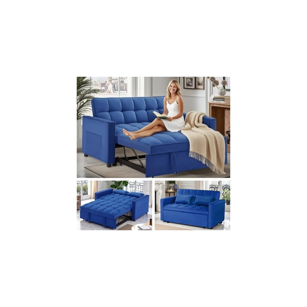 3 in 1 Sleeper Sofa Bed, Futon Sofa Bed for Living Room with Side Pocket, Blue Sleepers Sofas Couch with Pullout Beds, Convertible Love Seat Sleepers couch for Living Room, Bedroom, Small Space