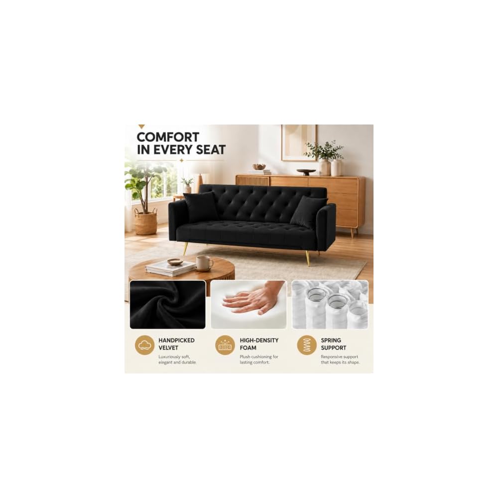 72''Modern Velvet Sofa Bed Futon,Convertible Folding Sleeper Couches with 3 Adjustable Backrests,Tufted Recliner Loveseat with Golden Chrome Legs for Living Room Apartment Office (Black)