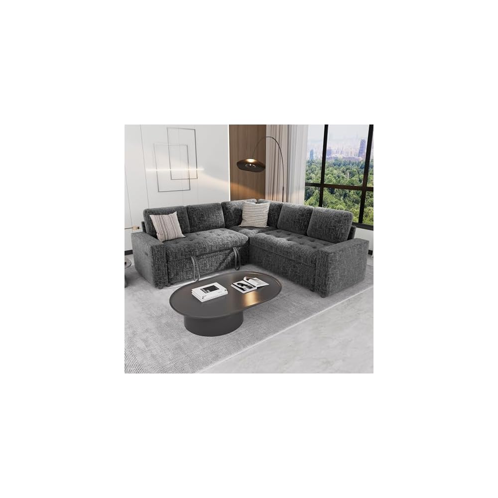 5-Seat Modular Sleeper Sofa with Pull-Out Bed & Storage, L-Shaped Chenille Sectional Couch, Reclining Backrest & USB Charging for Small Space Living Room, Dark Grey