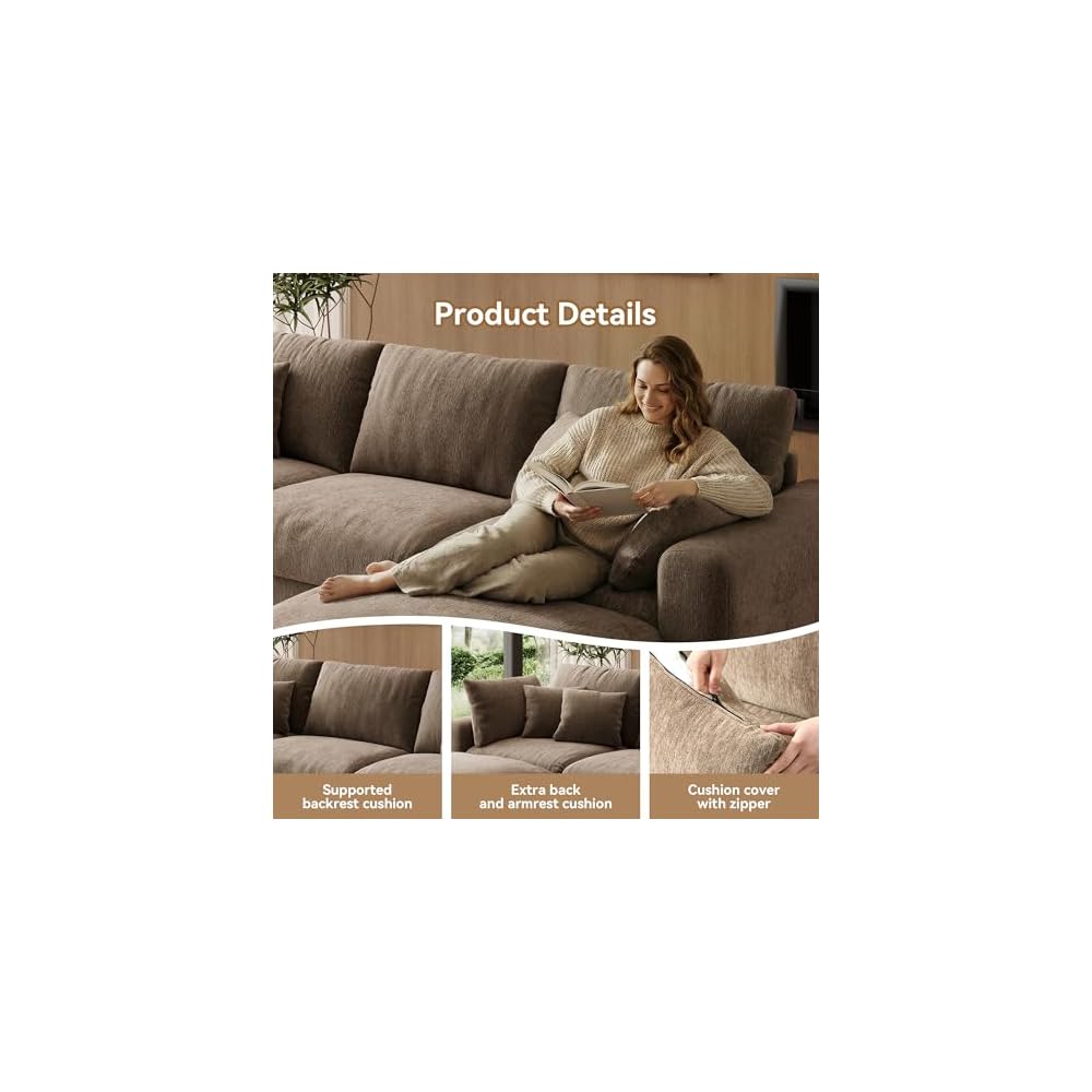 110” Cloud Sectional Couches for Living Room, Modular Sectional Sofa with Deep Seat, Convertible L-Shape Couch with Storage Ottoman for Bedroom Apartment, Chenille (Brown)
