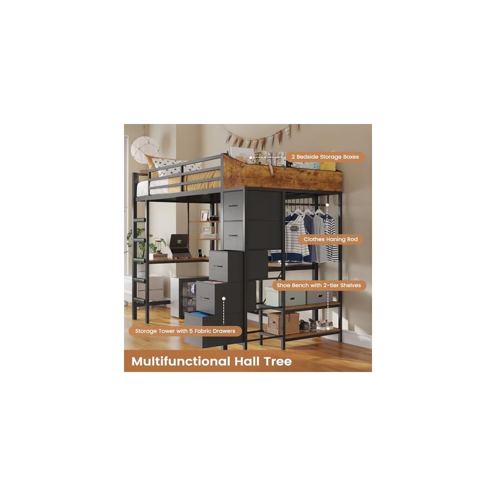 Loft Bed Twin Size with Hall Tree, Charging Station and LED Lights, Metal Loft Bed with L-Shaped Desk, 5 Storage Drawers, Heavy Duty Twin Size Bed with Stairs, No Box Spring Needed, Black
